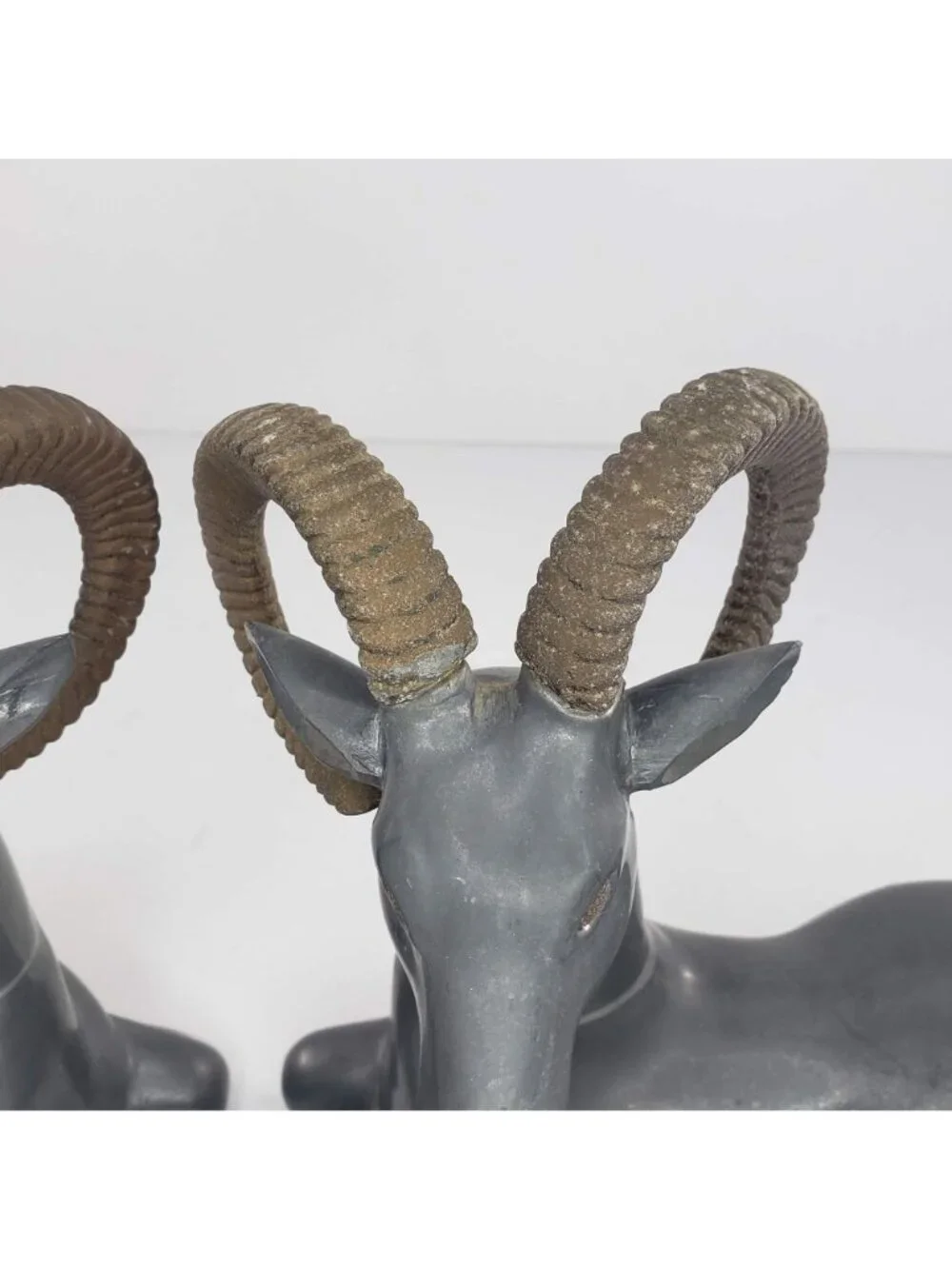 Art Deco Pewter Brass Ram Antelope Ibex Bookend Pair Vintage 1930s